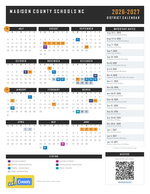 Madison County Schools printable 2026-27 calendar