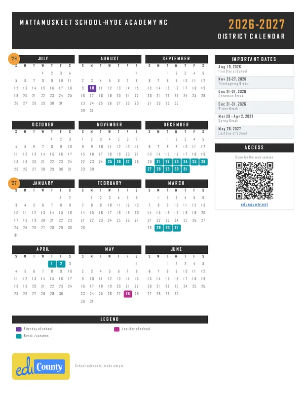 Mattamuskeet School-Hyde Academy printable 2026-27 calendar