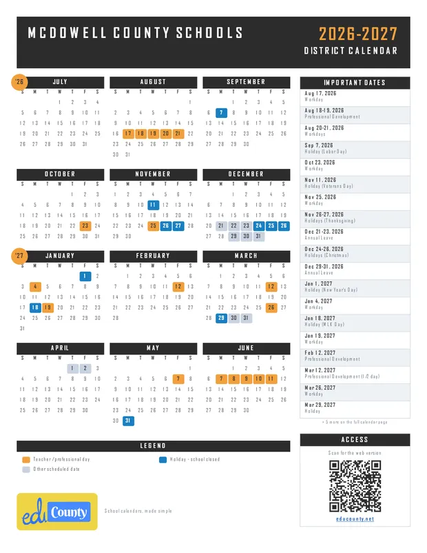 McDowell County Schools printable 2026-27 calendar