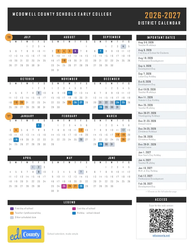 Mcdowell County Schools Early College printable 2026-27 calendar