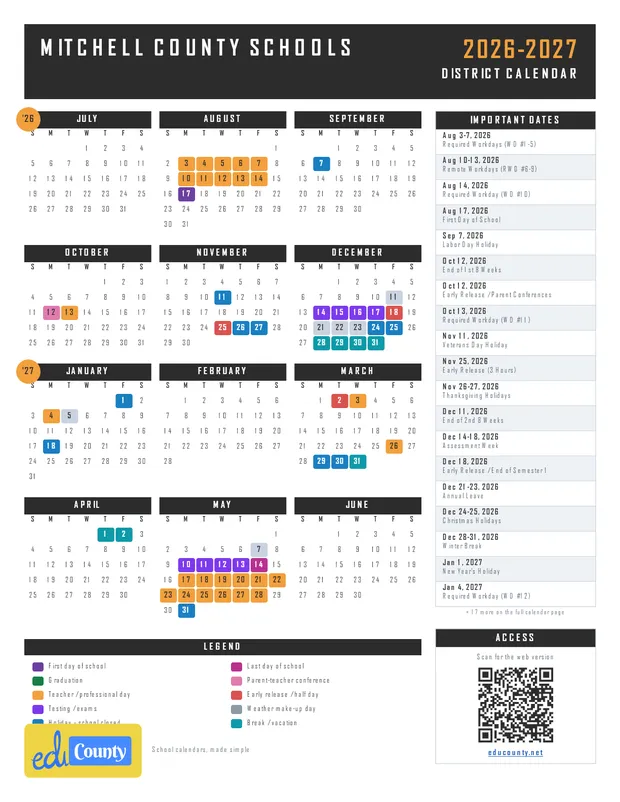 Mitchell County Schools printable 2026-27 calendar
