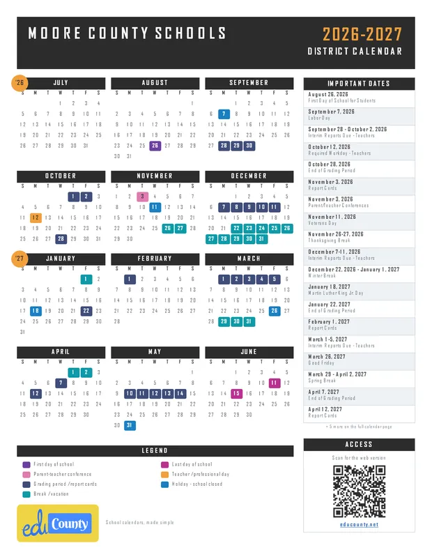 Moore County Schools printable 2026-27 calendar