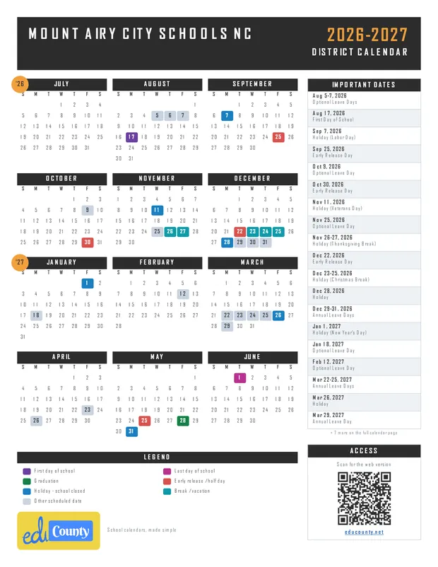 Mount Airy City Schools printable 2026-27 calendar