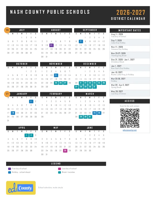 Nash County Public Schools printable 2026-27 calendar