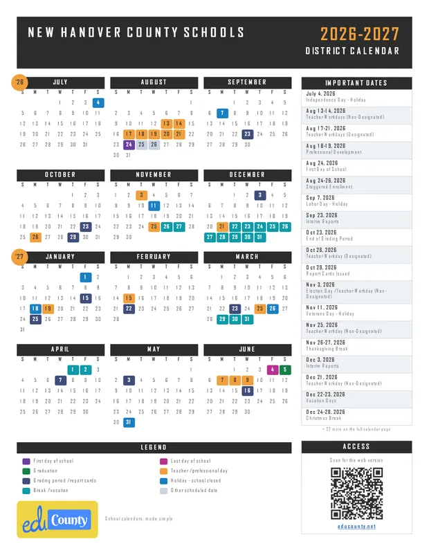 New Hanover County Schools printable 2026-27 calendar