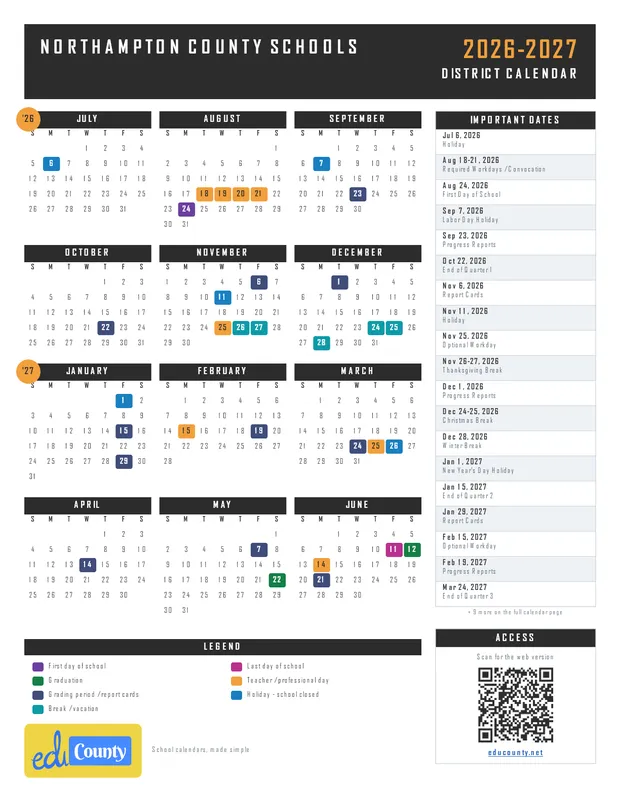 Northampton County Schools printable 2026-27 calendar