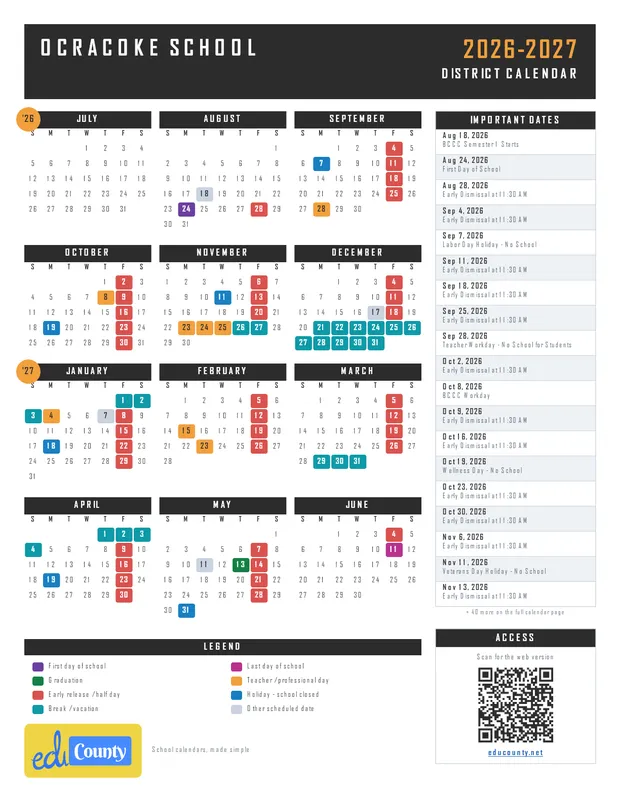Ocracoke School printable 2026-27 calendar