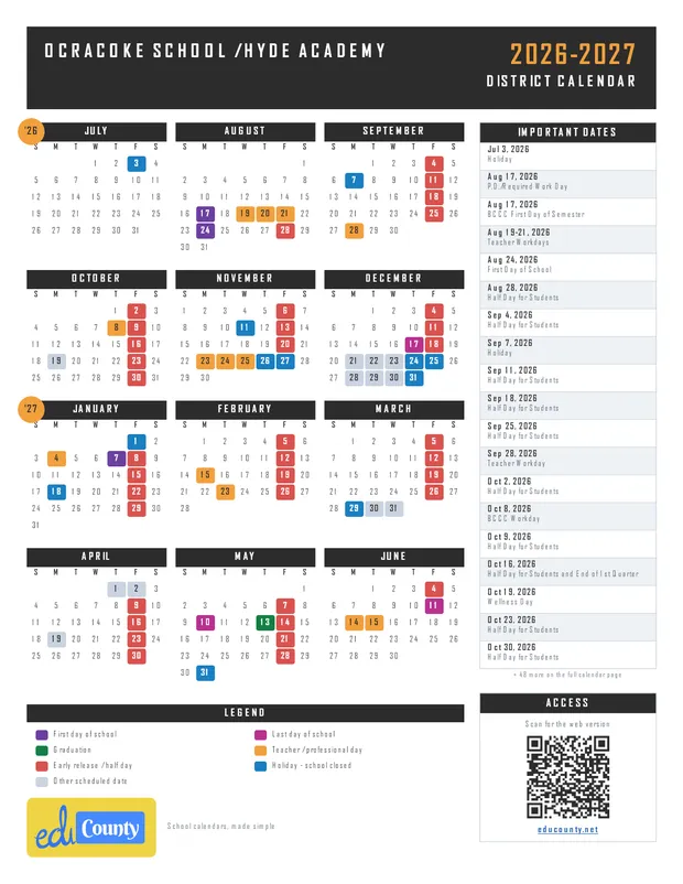Ocracoke School / Hyde Academy printable 2026-27 calendar