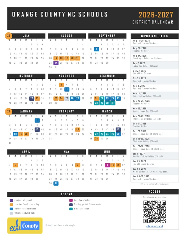 Orange County nc Schools printable 2026-27 calendar