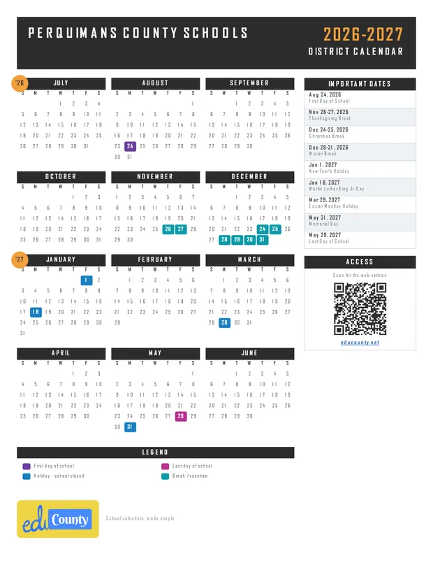 Perquimans County Schools printable 2026-27 calendar