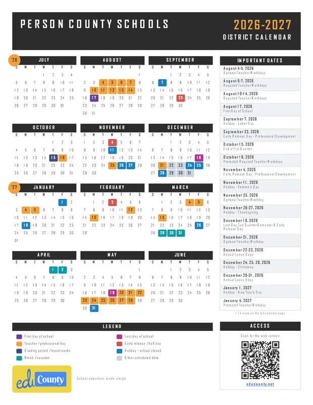 Person County Schools printable 2026-27 calendar