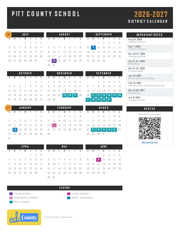 Pitt County School printable 2026-27 calendar