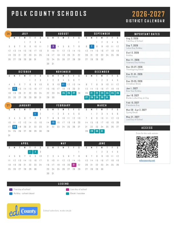 Polk County Schools printable 2026-27 calendar