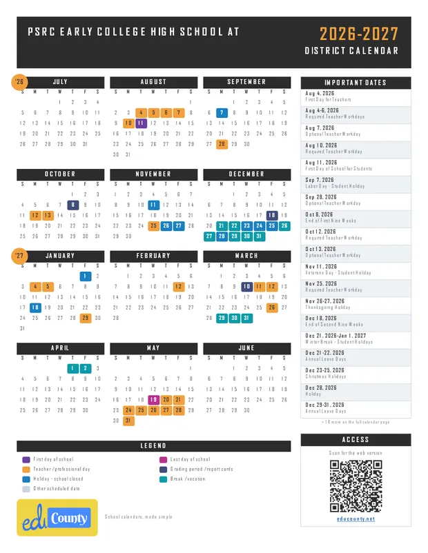 PSRC Early College High School at RCC printable 2026-27 calendar