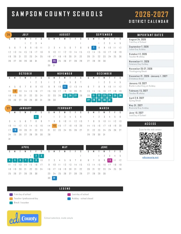 Sampson County Schools printable 2026-27 calendar