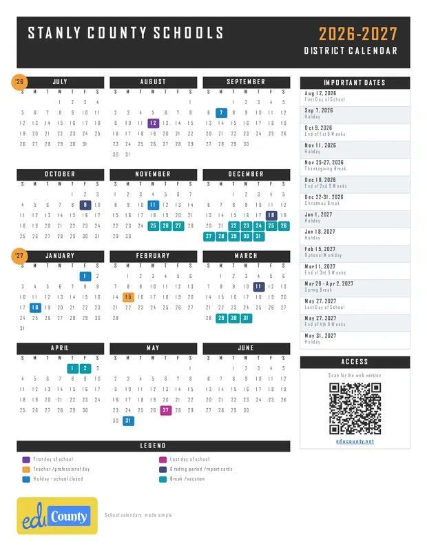 Stanly County Schools printable 2026-27 calendar