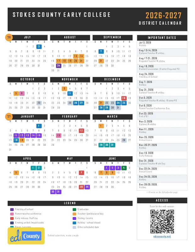 Stokes County Early College printable 2026-27 calendar