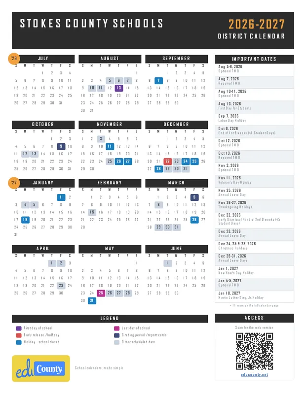 Stokes County Schools printable 2026-27 calendar
