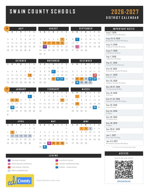 Swain County Schools printable 2026-27 calendar