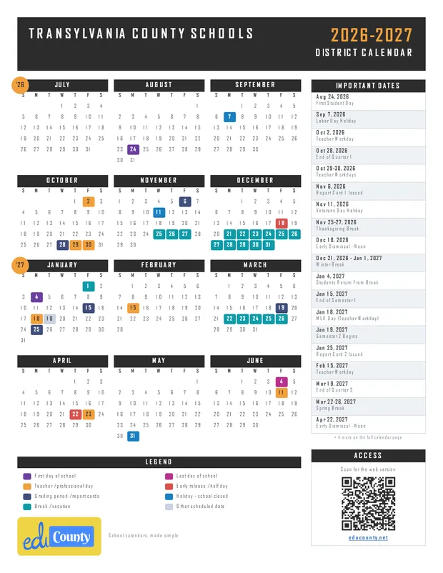 Transylvania County Schools printable 2026-27 calendar