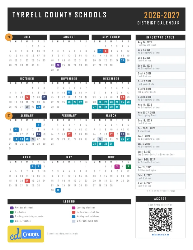 Tyrrell County Schools printable 2026-27 calendar