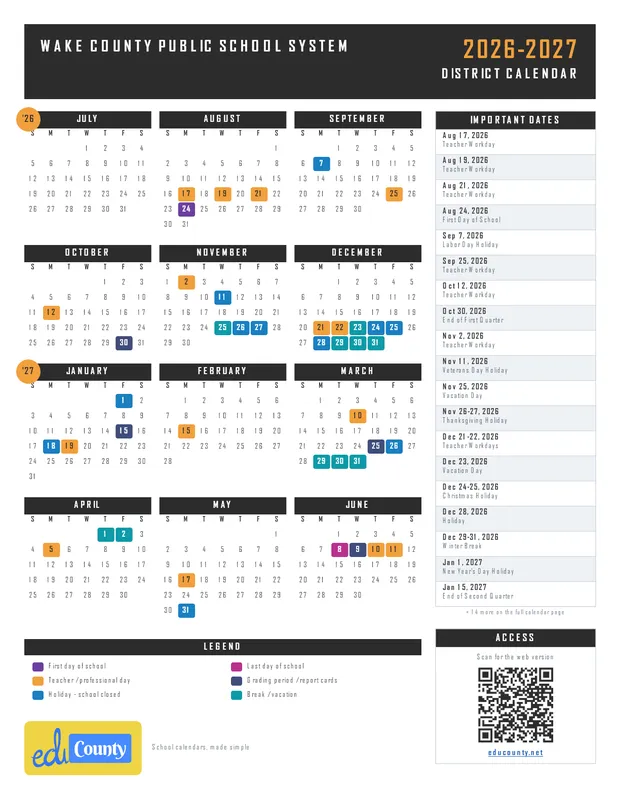 Wake County Public School System printable 2026-27 calendar