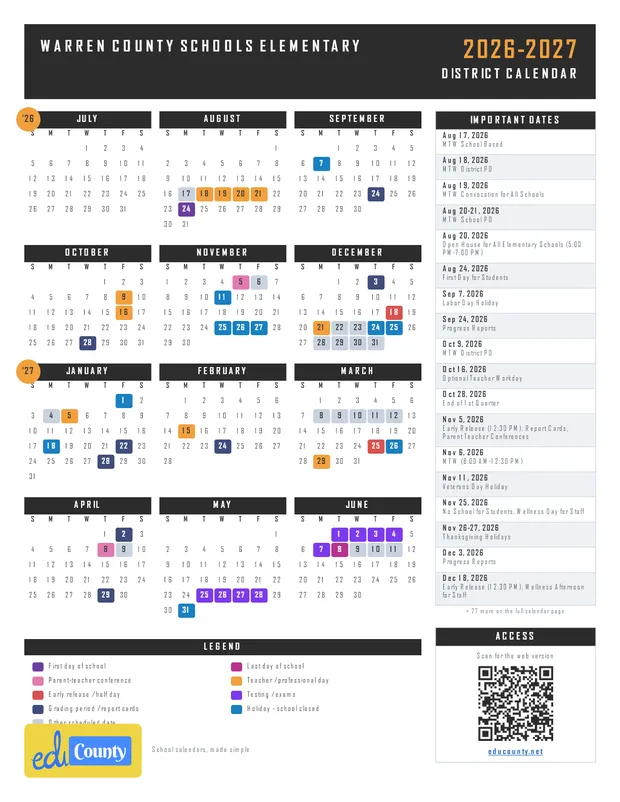 Warren County Schools Elementary printable 2026-27 calendar