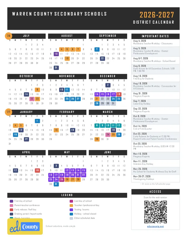 Warren County Secondary Schools printable 2026-27 calendar