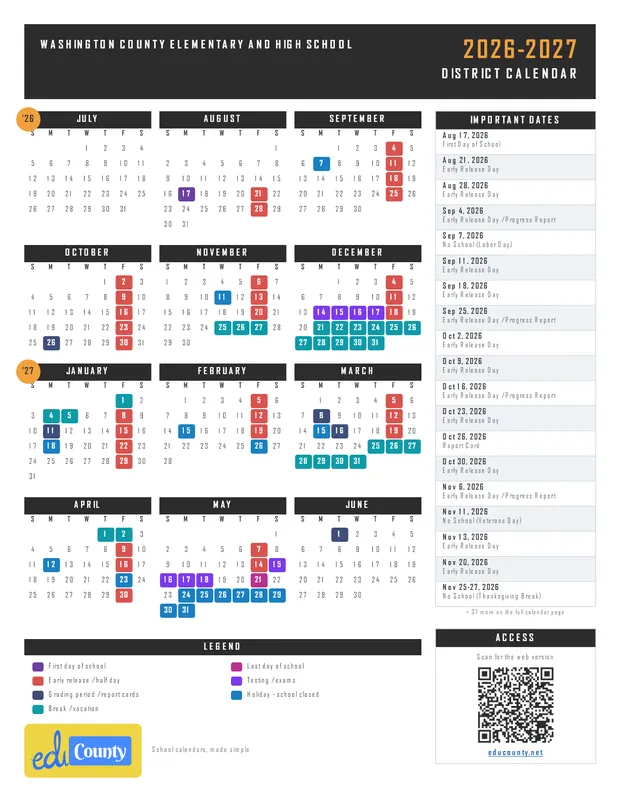 Washington County Elementary and High School printable 2026-27 calendar