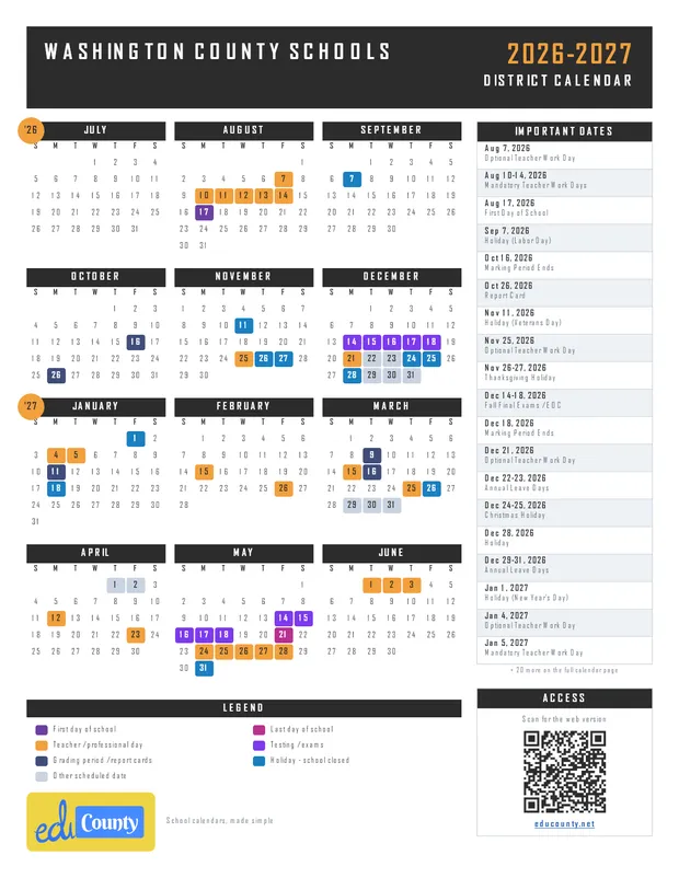 Washington County Schools printable 2026-27 calendar