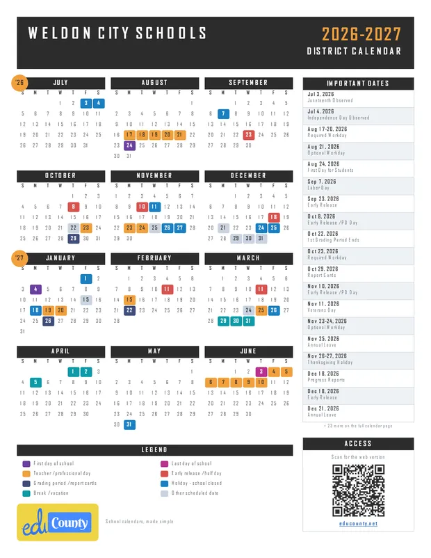 Weldon City Schools printable 2026-27 calendar