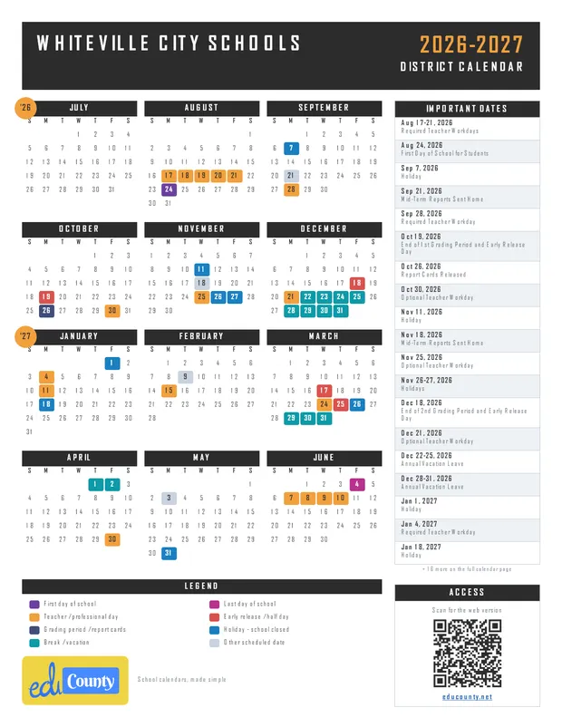 Whiteville City Schools printable 2026-27 calendar