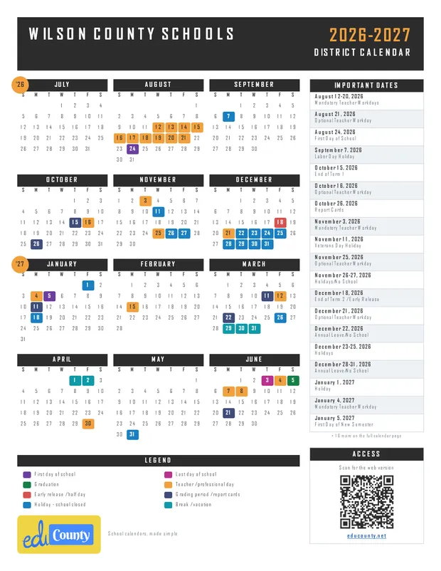 Wilson County Schools printable 2026-27 calendar