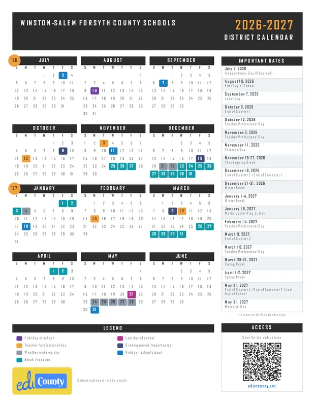 Winston-Salem Forsyth County Schools printable 2026-27 calendar