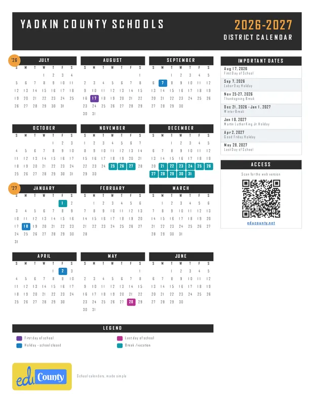 Yadkin County Schools printable 2026-27 calendar