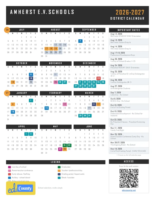 AMHERST E.V. SCHOOLS printable 2026-27 calendar