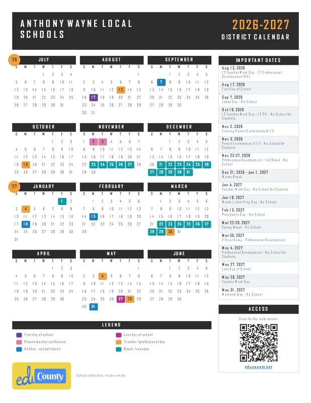 Anthony Wayne Local Schools printable 2026-27 calendar