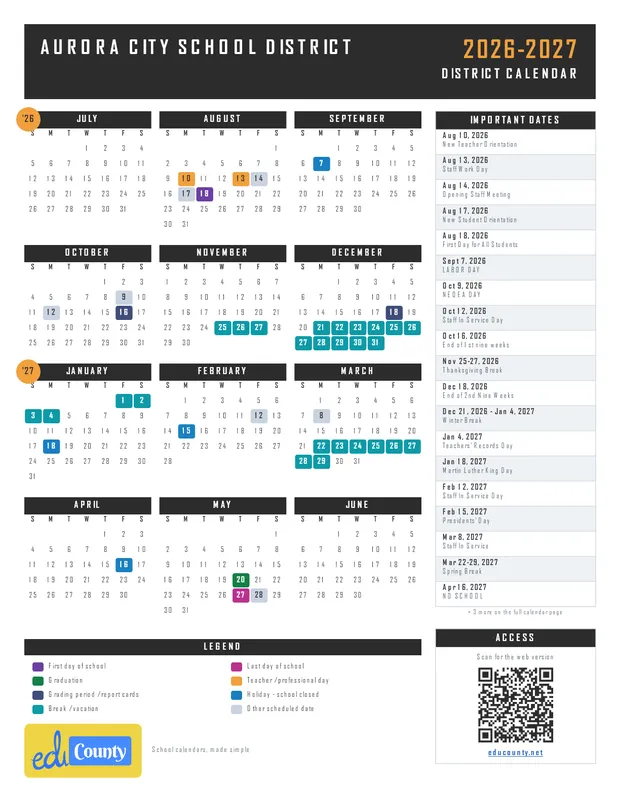 AURORA CITY SCHOOL DISTRICT printable 2026-27 calendar