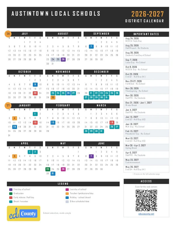 Austintown Local Schools printable 2026-27 calendar