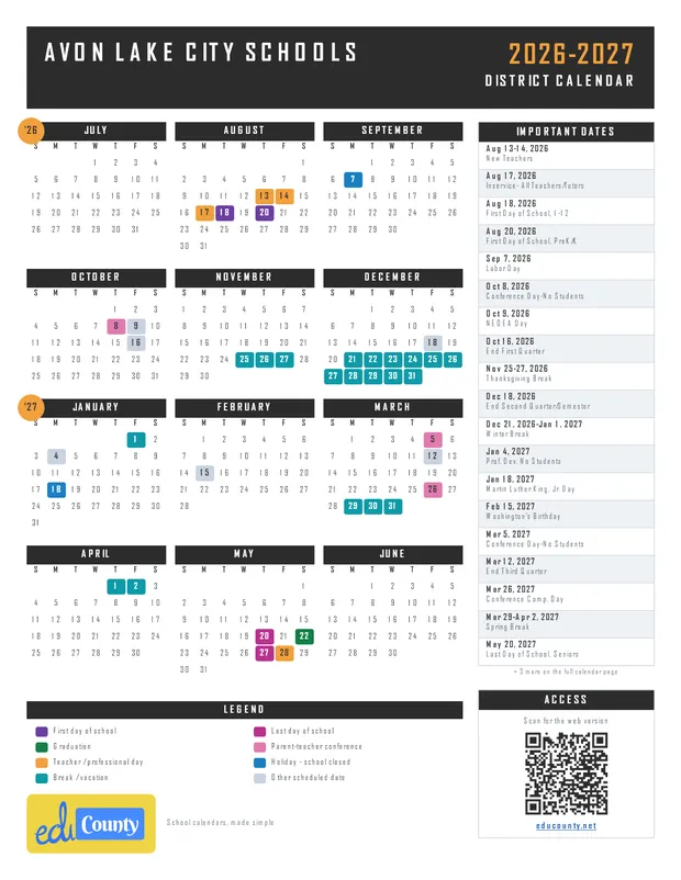 Avon Lake City Schools printable 2026-27 calendar