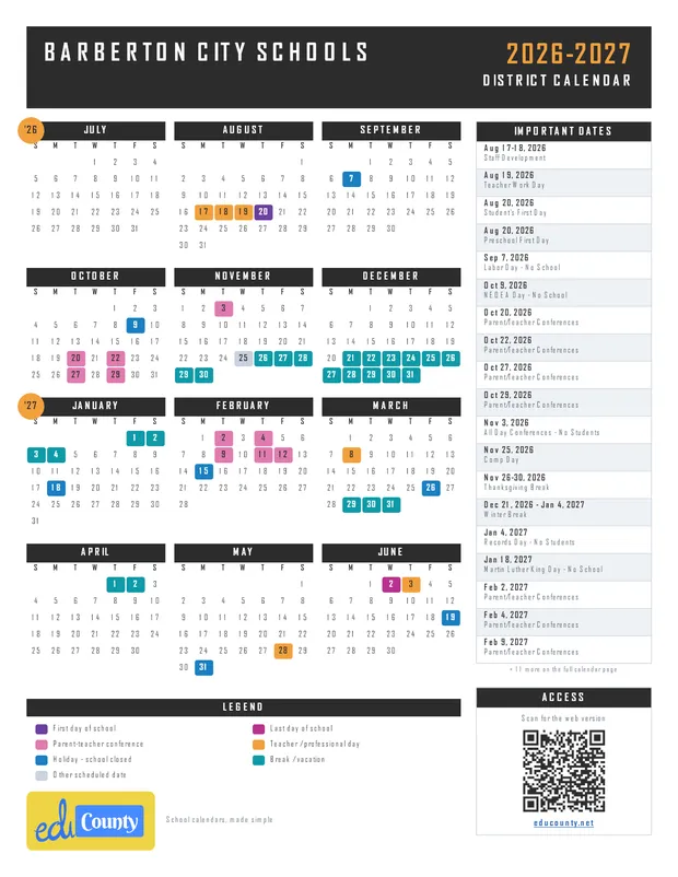 Barberton City Schools printable 2026-27 calendar