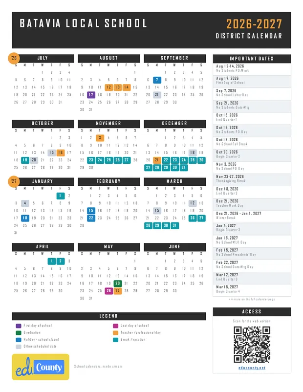 Batavia Local School printable 2026-27 calendar
