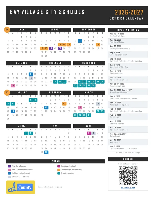 Bay Village City Schools printable 2026-27 calendar