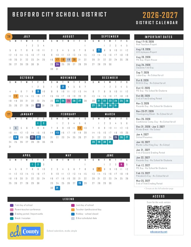 Bedford City School District printable 2026-27 calendar