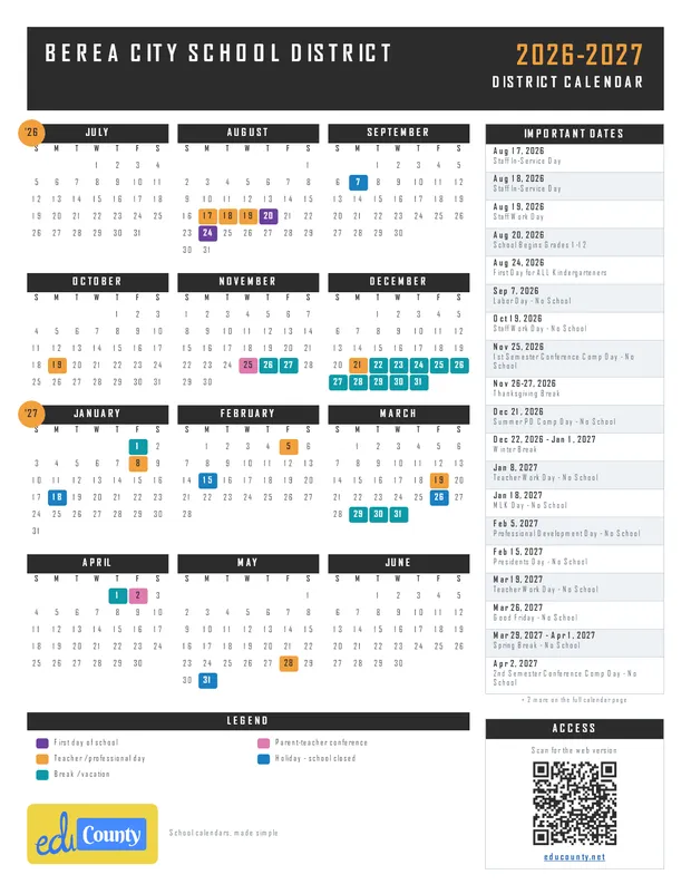 Berea City School District printable 2026-27 calendar