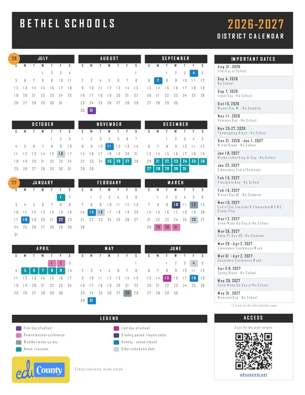 Bethel Schools printable 2026-27 calendar