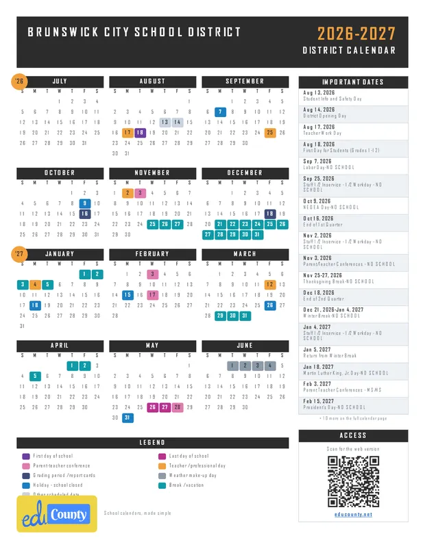 Brunswick City School District printable 2026-27 calendar