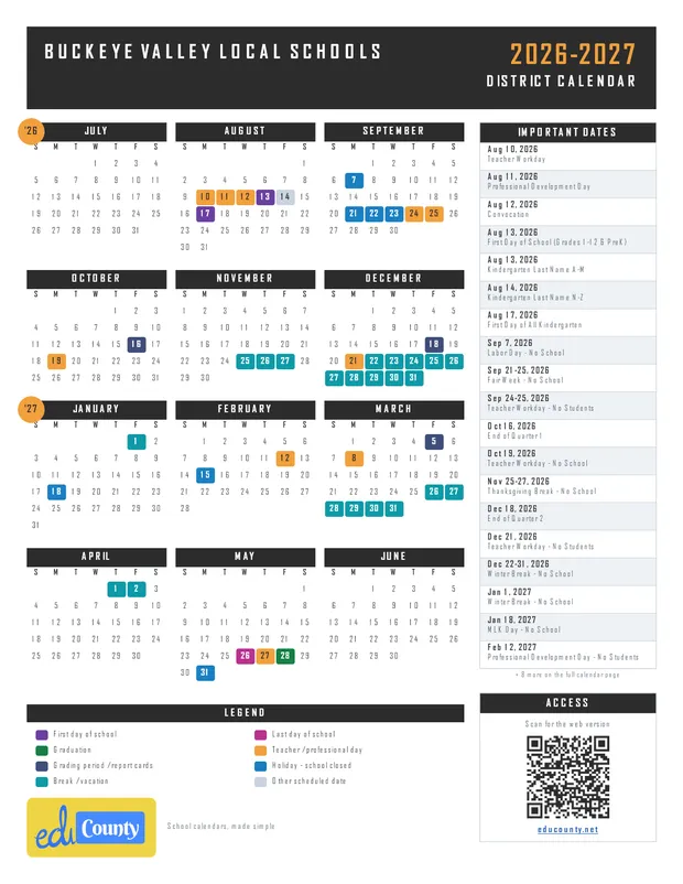 BUCKEYE VALLEY LOCAL SCHOOLS printable 2026-27 calendar
