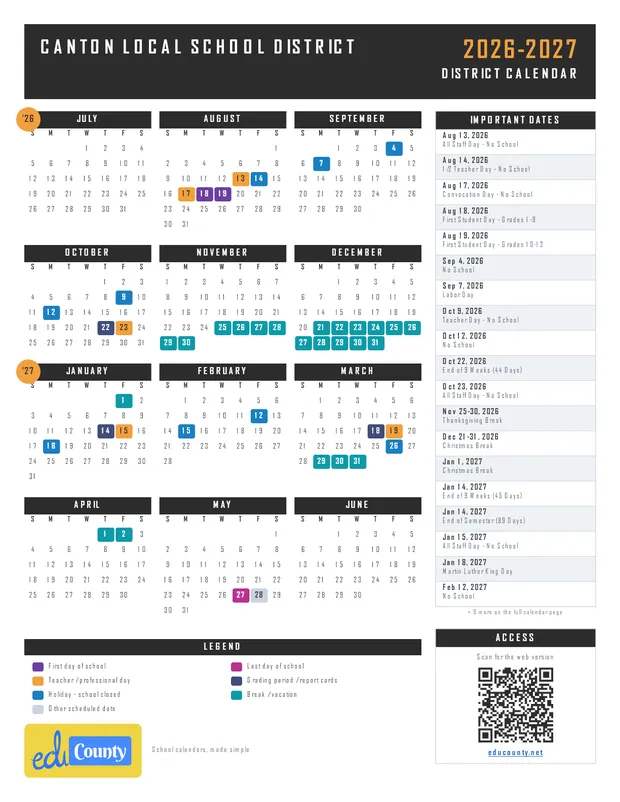 Canton Local School District printable 2026-27 calendar