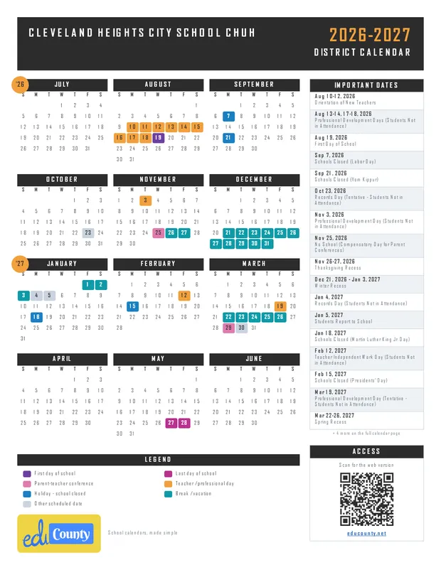 Cleveland Heights City School CHUH printable 2026-27 calendar